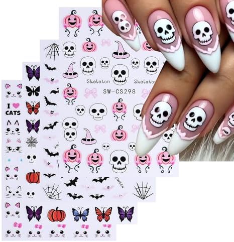 4 Sheets Halloween Nail Stickers Spider Web Bat Nail Decals 3D Se...