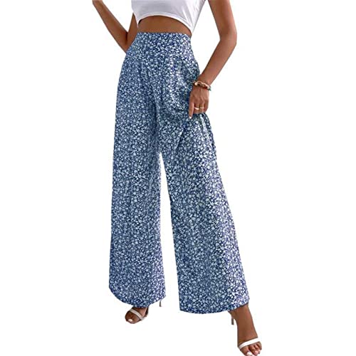 Calça feminina para ioga com cintura alta elástica, calça casual esportiva, perna larga e reta, Azul