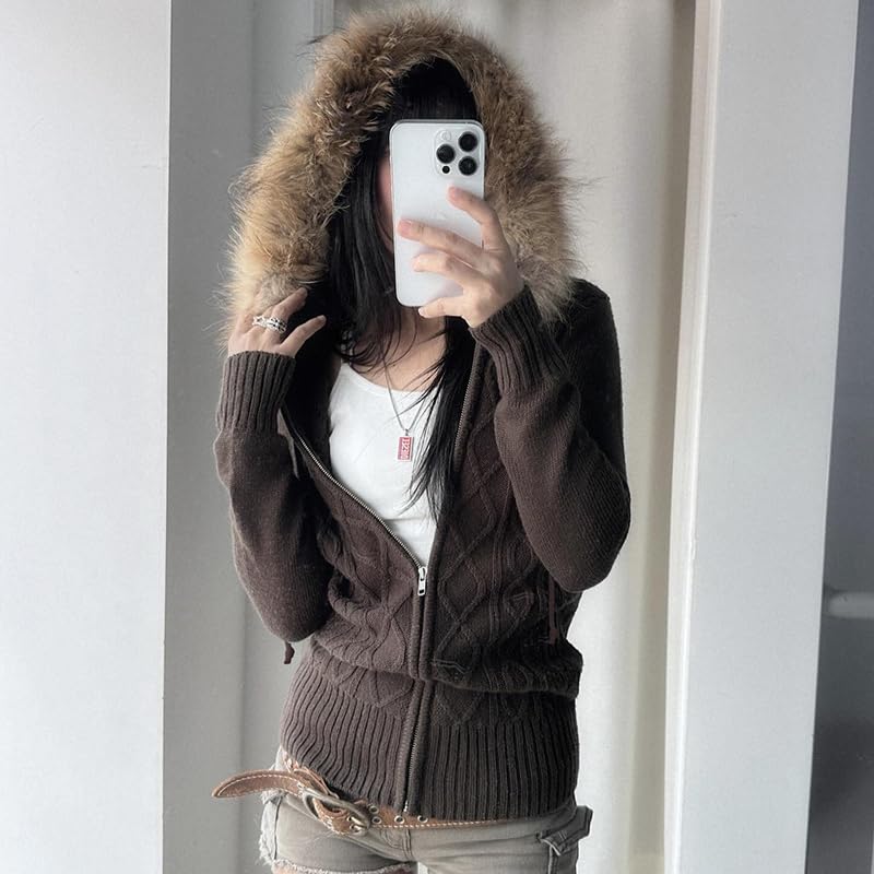 Women Zip Up Knit Hoodies Y2K Long Sleeve Cropped Jacket Coat with Fur Trim Hooded Grunge 00s Sweatshirt3