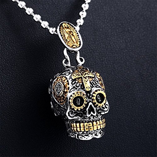 Stainless Steel Sugar Skull Pendant Necklace Gothic Skeleton Pendants for Men with 24inch Chain2