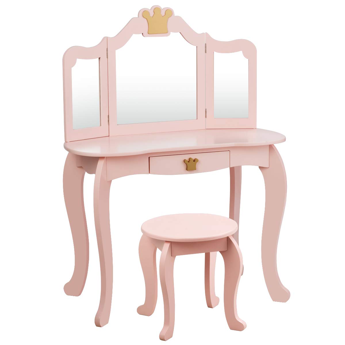COSTWAY 2 in 1 Toeletta Trucco per Bambina 3+ Anni, Postazione Trucco Bambina a 3 Parti Rimovibile, Set in Legno di Pino con Sgabello, Cassetto e Dispositivo Anti-ribaltamento, per Cameretta (ROSA)