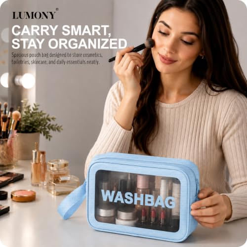 Image of LUMONY Makeup Pouch Bag PVC Travel Toiletries Organizer Cosmetic Bags Wash Bag Pouch for Travel Kit Toiletry Bag Portable Organizer Case Carry Pouch for Women Bathroom Set of 3 (Blue-Colors)