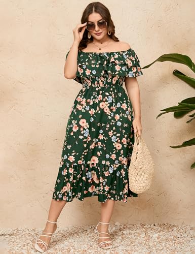 Image of KOJOOIN Women Plus Size Off Shoulder Maxi Dress Ruffle Flowy Casual Summer Boho Long Dresses