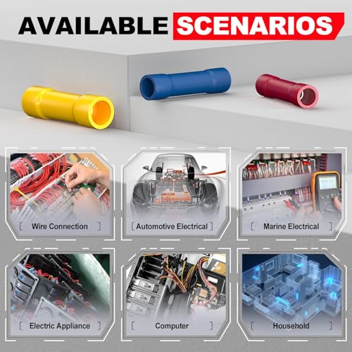 Image of 200 Pcs Wire Butt Splice Connectors Kit, 22-10 AWG Electrical Crimp Terminal Connector Kits, Fully Insulated Wiring Straight Crimps Terminals for 22,20,18,16,14,12,10 Gauge Wires