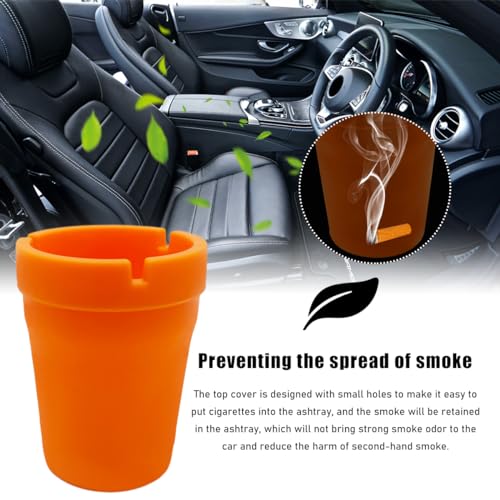 Image of Ohleats Car Ashtray, Smokeless Smellproof Windproof Self-Extinguishing Auto Ashtray, Portable Mini Vehicle Cigarette Trash Can Fits Most Cup Holder for Home Office, Car Accessories (Orange)