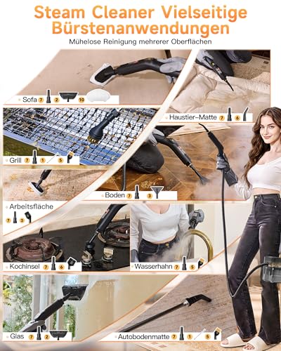 Gautye Gautye Dampfreiniger 3 stufig verstellbarer Griff, 10 Sekunden Aufheizzeit, 2L Wassertank, steam cleaner mit 18 Zubehörteilen, Dampfreiniger handgerät für Küche, Badezimmern, Boden, Autos, Fenstern - Zusatzansicht 4 | Bodendampfreiniger