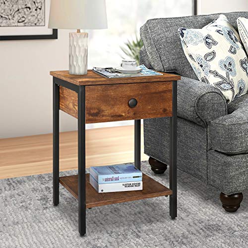 KINGSO Nightstands Industrial Side End Tables with Drawer and Storage Shelf 2 Tier Bedside Table Night Stand for Small Spaces Bedroom Wood Accent Furniture with Stable Metal Frame, Rustic Brown - Thumbnail 5
