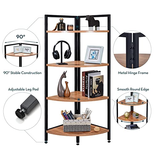 Saygoer Corner Bookshelf 4 Tier Stand Storage Shelf Modern Black Bookcase Ladder Standing Shelves Display Rack Plant Stand For Small Spaces, Bedroom, Living Room,Walnut Oak #TOP2