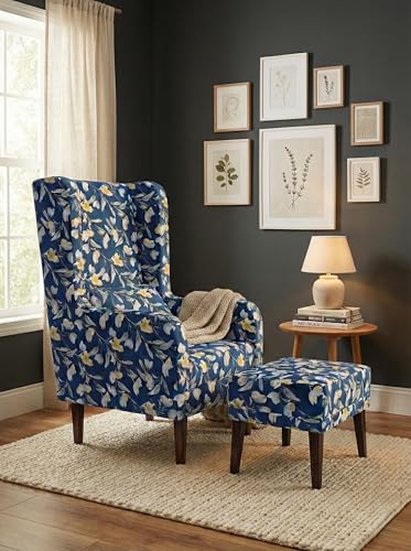 Image of WELL KNOWN Wooden Wing Chair with Ottoman Stool | Wingback for Living Room | High Density Foam | Accent Chair for Seating, Home Decor Furniture | (Blue Magnolia, with Ottoman)