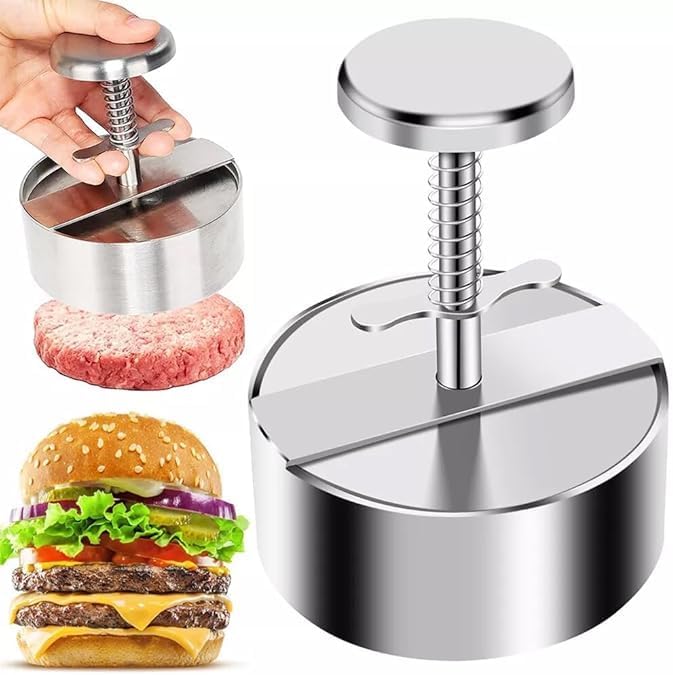 HVB Burger Press, Stainless Steel Hamburger Patty Maker, Adjustable Hamburger Patty Maker, Non Stick Patty Making Molds with Spring Button for BBQ and Homemade Hamburger (12 CM)