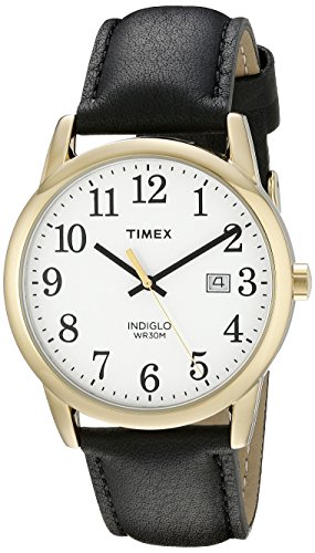 Timex Easy Reader 腕時計 日付表示機能付き フルサイズ レザーストラップ Mens Standard Black/Gold-Tone/Cream