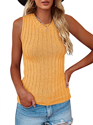 Image of Saodimallsu Womens High Neck Tank Top Summer Ribbed Sleeveless Shirts Casual Loose Knit Cami Sweater Vest