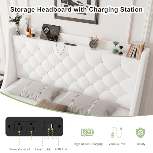 Image of Feonase Upholstered Full Size Bed Frame with 4 Storage Drawers, Charging Station, Tufted Wingback Storage Headboard, No Box Spring Needed, Easy Assembly, White