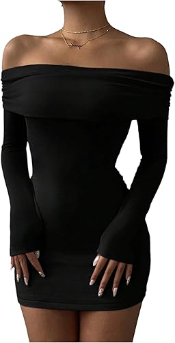 RoseSeek Women's Off Shoulder Bodycon Mini Dress Tie Back Long Sleeve Dress Eleg
