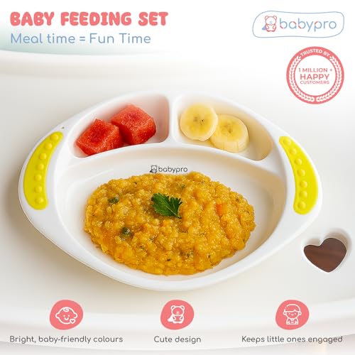 Image of BabyPro Cartoon Feeding Plate for Toddlers, Dinnerware Set for 1+ Year Kids | Easy-Grip Handles, BPA-Free, Non-Toxic, Anti-Skid Base, Cute Design, Yellow