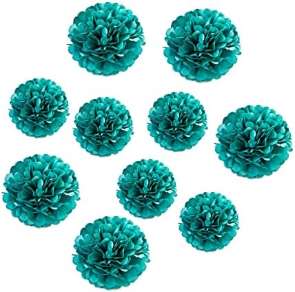 10pcs Paper Pom Poms Tissue Paper Flower Art Craft DIY Hanging Flower for Party Wedding Baby Shower Nursey Wall Decoration(8inch+10inch, Teal)