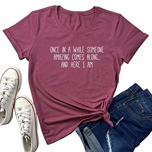 MAXTREE Women's Graphic Once in A While Funny T Shirts Cute Tops Wine Red XX-Large