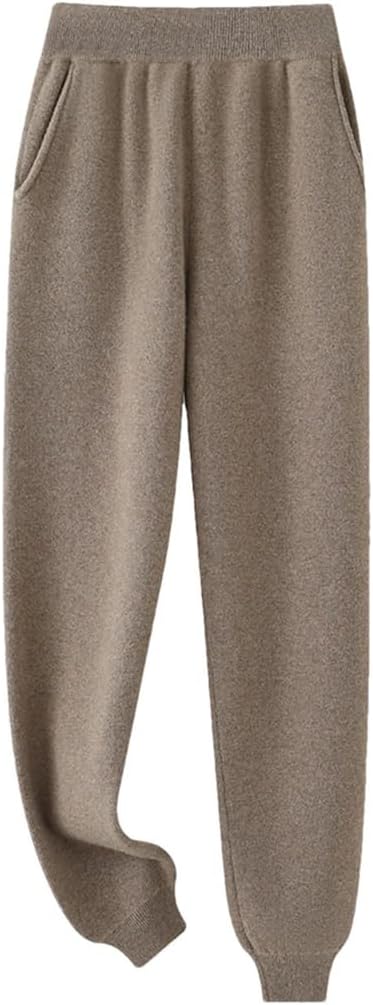 Women's 100% Merino Wool Joggers - Winter Warm Middle Waist Knit Trousers, Thick Casual Pencil Pants
