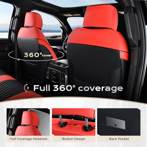 Image of Coverado F250 Car Seat Covers Full Set, Leather Waterproof Automotive Seat Covers for Cars, SUVs, Pickup Trucks, Fits 2015-2026 F150 SuperCrew, 2017-2026 F250 F350 F450 Crew Cab, Red