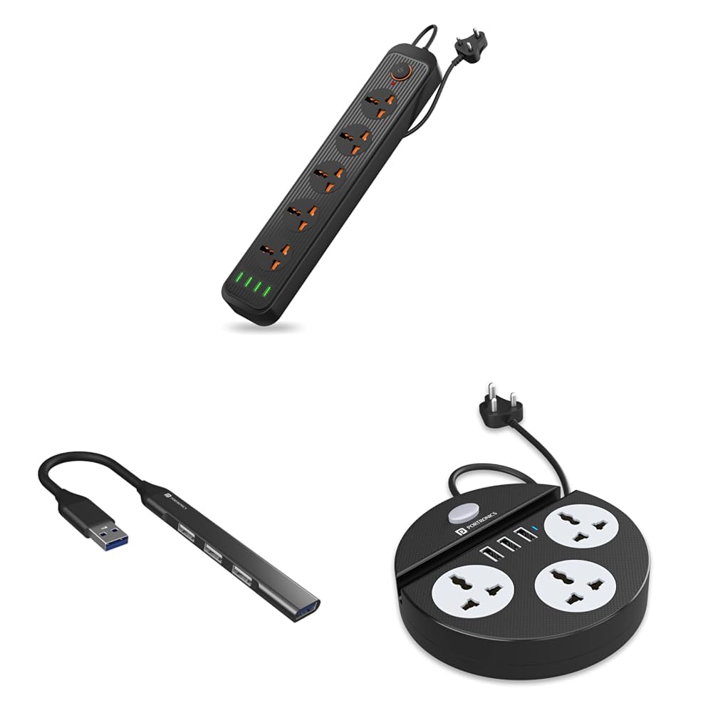 Portronics Power Plate 6 With 4 USB Port + 5 Sockets Extension Board, 2500W Converter, C