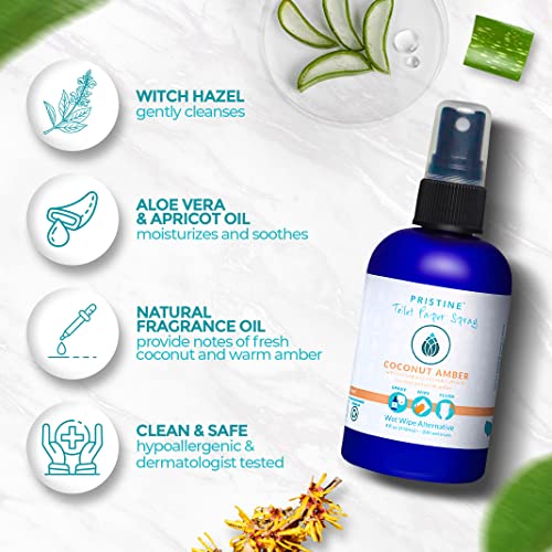 Image of PRISTINE Toilet Paper Spray - As Seen on Shark Tank, More Natural Flushable Wet Wipes Alternative, Spray Toilet Paper to Create Flushable Wipe, Coconut Amber, 1 fl oz Travel Size