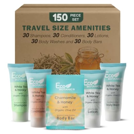 Eco Botanics Hotel Soaps and Toiletries Bulk Set | 1-Shoppe All-In-Kit Amenities for Hotels | 0.85oz Hotel Shampoo & Conditioner, Body Wash, Body Lotion & 0.89oz Bar Soap Travel Size | 150 Pieces