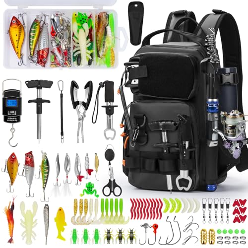 THKFISH Mochila de Pesca con Soporte para Caña, Kit de Herramientas de Pesca, Bolsa Resistente al Agua con Kit de Señuelos, Caja de Pesca y Juego de Alicates para Hombre y Mujer (Negro-87 Piezas)