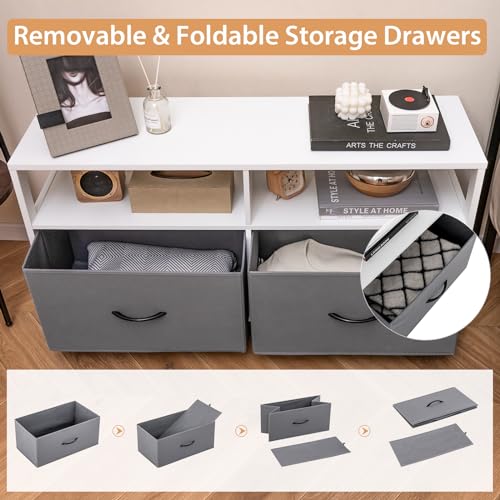 COSTWAY 2/5/7-Drawer Dresser, Fabric Chest of Drawers Cabinet with 5 Support Legs, Wooden Drawers Storage Organizer Unit for Bedroom, Living Room, Closet and Hallway (White+Grey, 2 Drawers+2 Cubes) - Image 4
