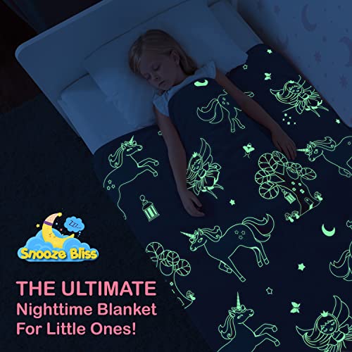 Image of Glow in The Dark Unicorn Blanket for Girls - Soft Pink Fleece Throw. Great Christmas, Birthday, Baby, Toddler Unicorn Gifts for Girls, Fairy, Butterfly, Stars. Bright Long-Last Glow
