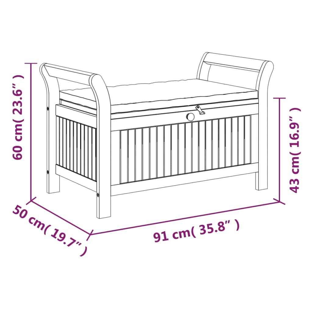 Banc de Rangement Extérieur en Bois D'acacia avec Coussin Coffre de Rangement Jardin Coffre à Coussin (Blanc crème,91 x 50 x 60 cm)