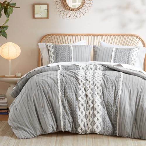 Image of INK+IVY Queen Comforter Set, Boho Comforters, Breathable Cotton Bed Set, All Season Modern Chenille Tufted Comforter with Farmhouse Bedding Flare, Gifts for Woman, Gray 3 Piece