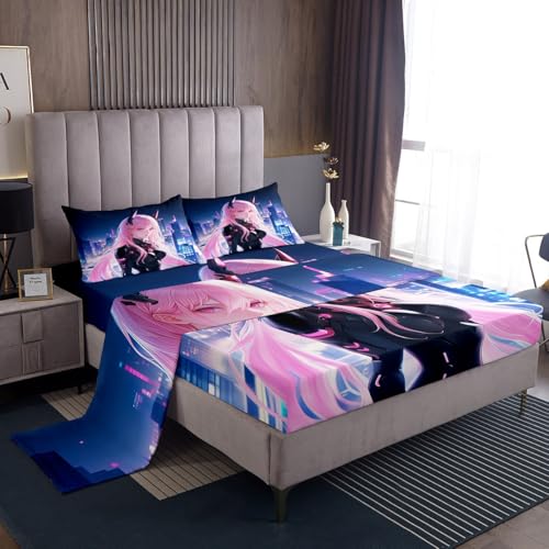 Erosebridal Japanese Anime Sheet Set Twin Size, Anime Girl Bed Sheets Kawaii Japanese Style Fitted Sheet Top Cartoon Japan Animation Bedding Set for Boys Teens Adult Women Bedroom Decor