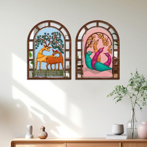 Image of Artvibes Nature Home Wall Decoration | Jharokha Mirror | Wall Hanging Decor for Living Room, Bedroom, Hall, Dining Room, Foyer, Office & Entryway | Gift (WH 12040N), Set of 2