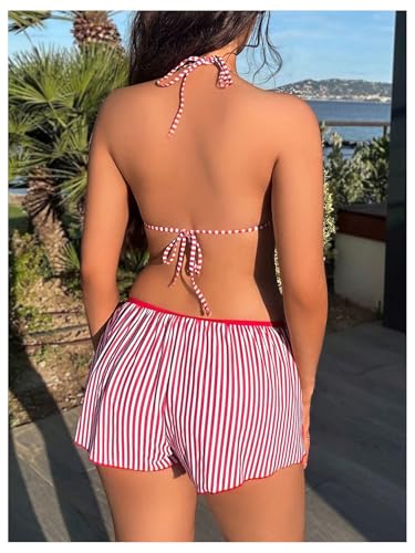Verdusa Women's Striped Self Tie Halter Bikini Sets with Shorts 3 Piece Swimsuit2