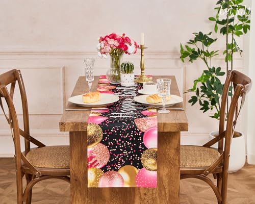 Image of Letjolt Golden Rose Pink Balloon Happy Birthday Table Runner 72 Inches | Linen-Like Fabric, Celebrate Birthday Party Table Decor
