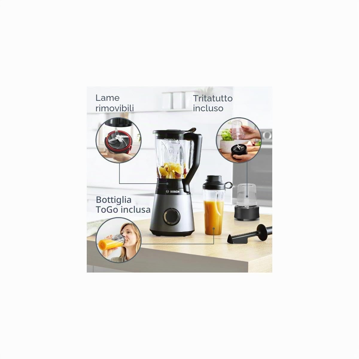 Bosch Serie 4 Frullatore VitaPower MMB6177S, 1200 W, 30.000 giri/min, Lame in Acciaio Inox, Frullatore da 1.5 L, Borraccia da 0.6 L, Tritatutto e Pestello Inclusi, Lavabili in Lavastoviglie, Argento