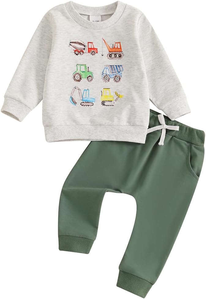 Pudcoco Toddler Baby Boy Fall Winter Clothes Construction Truck Excavator Sweatshirt Jogger Pants Outfit Set
