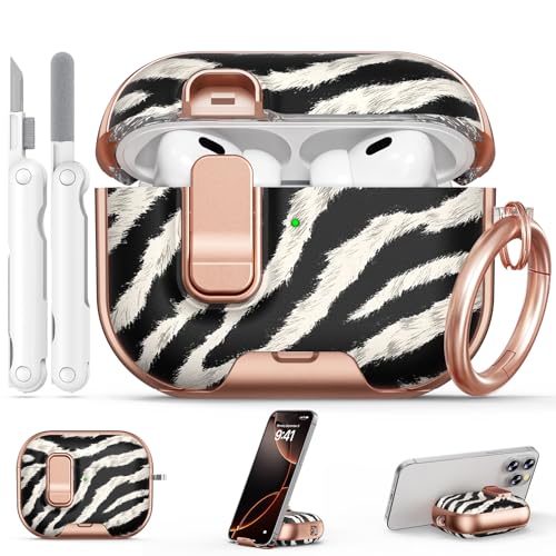 Image of for AirPods Pro 2 /1 Case (2023-2019), with Safty Lock & Phone Stand for AirPods Pro 2 /Pro1 Generation Case Cover for Women Girly with Keychain & Cleaner Kit -Black+ White Zebra