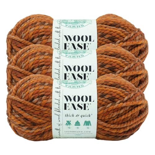 Image of Lion Brand Yarn, Wool-Ease Thick & Quick Yarn, Fall Leaves, Orange, 3 Pack | Super Bulky Wool Acrylic Blend Fiber for Soft Hats, Sweaters, Chunky Blankets, Yarn for Crochet, Knitting, Crafts, Weaving