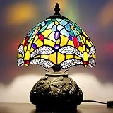 RHLAMPS Small Tiffany Lamp W8H11 Inch Yellow Dragonfly Style Stained Glass Table Lamp Bronze Mushroo