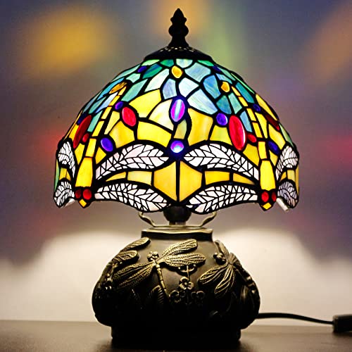 Rhlamps Small Tiffany Lamp W8H11 Inch Yellow Dragonfly Style Stained Glass Table Lamp Bronze Mushroom Resin Base Mini Accent Lamp Decor Bedroom #TOP29