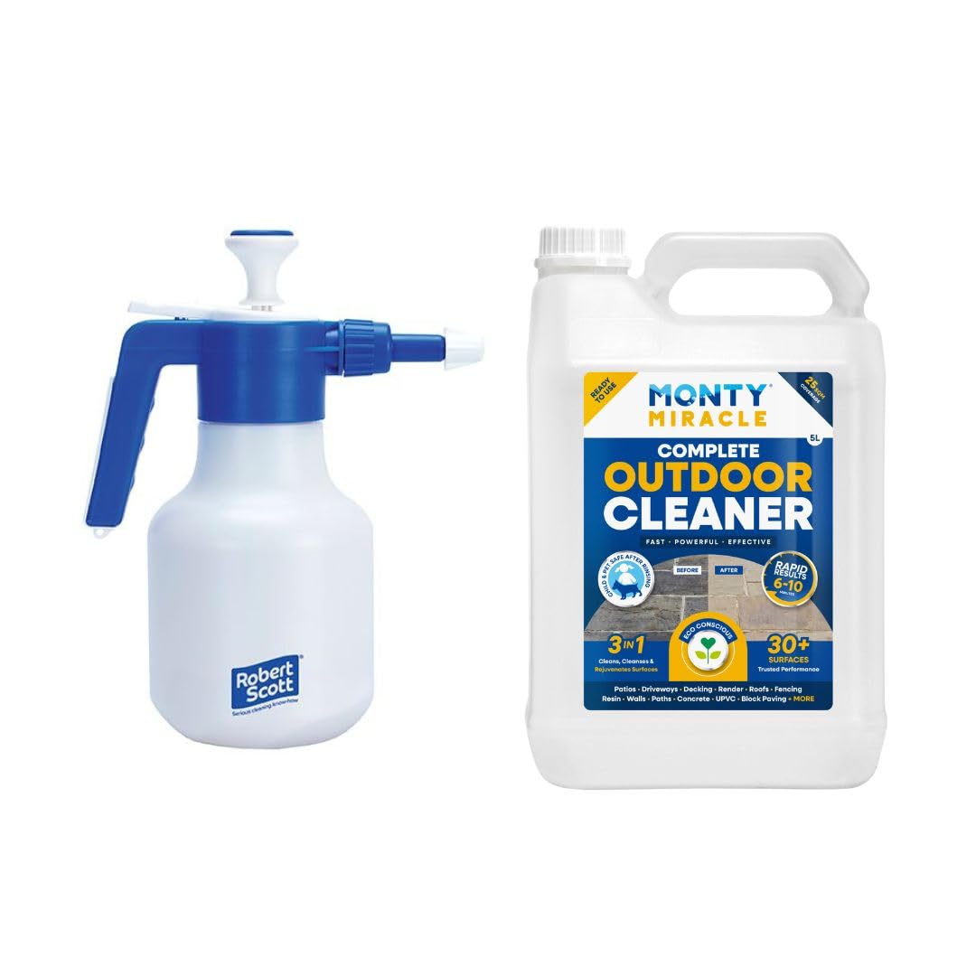Monty Miracle® Outdoor Cleaner, 5 Litre. Clean & Rejuvenate your Patio, Decking, Fencing, Paths, Driveway, Render & More - Results in 6-10 Minutes! Slip free (1.5L Detail Sprayer + 5L)