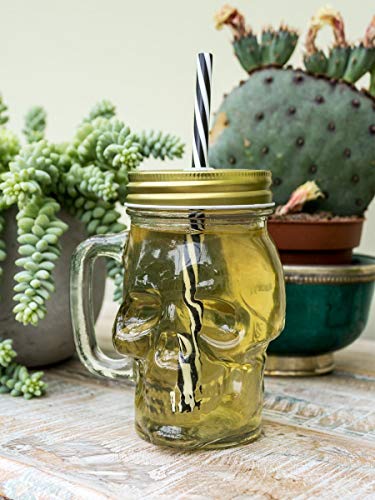 Puckator Skull Design Drinking Glass Jar with Reusable Straw and Metal Lid - Clear/Black/White/Metallic/Gold - Image 5
