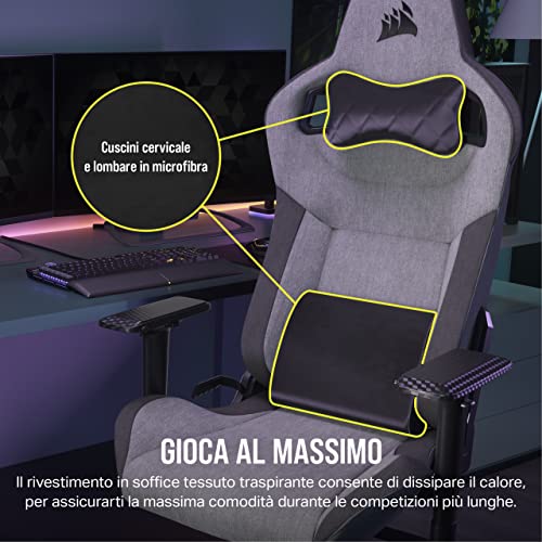 T3 RUSH Fabric (2023) Sedia da Gioco, Tessuto Esterno Morbido Traspirante, Cuscino Cervicale Regolabile e supporto Lombare in Memory Foam, Grigio/Carbone - Sedia gaming - Immagine 3