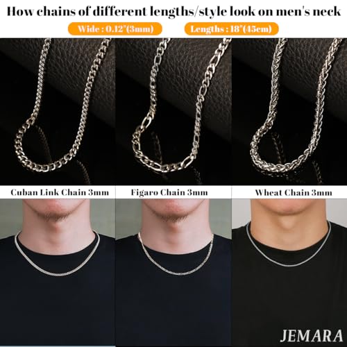 3Pcs Men's Stainless Steel 3mm Silver Chain Necklace Sets ，Non Tarnish Cuban Link Jewelry Gifts（18-22 inch）3