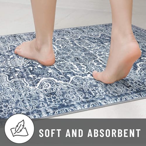 KUTA Vintage Washable Rug, 2PCS 2x3 and 2x6 Blue White Runners for Hallways Non-Slip Kitchen Area Rugs Ultra Soft Printed Distressed Floral Floor Carpet for Laundry Bedroom Living Room Nursery