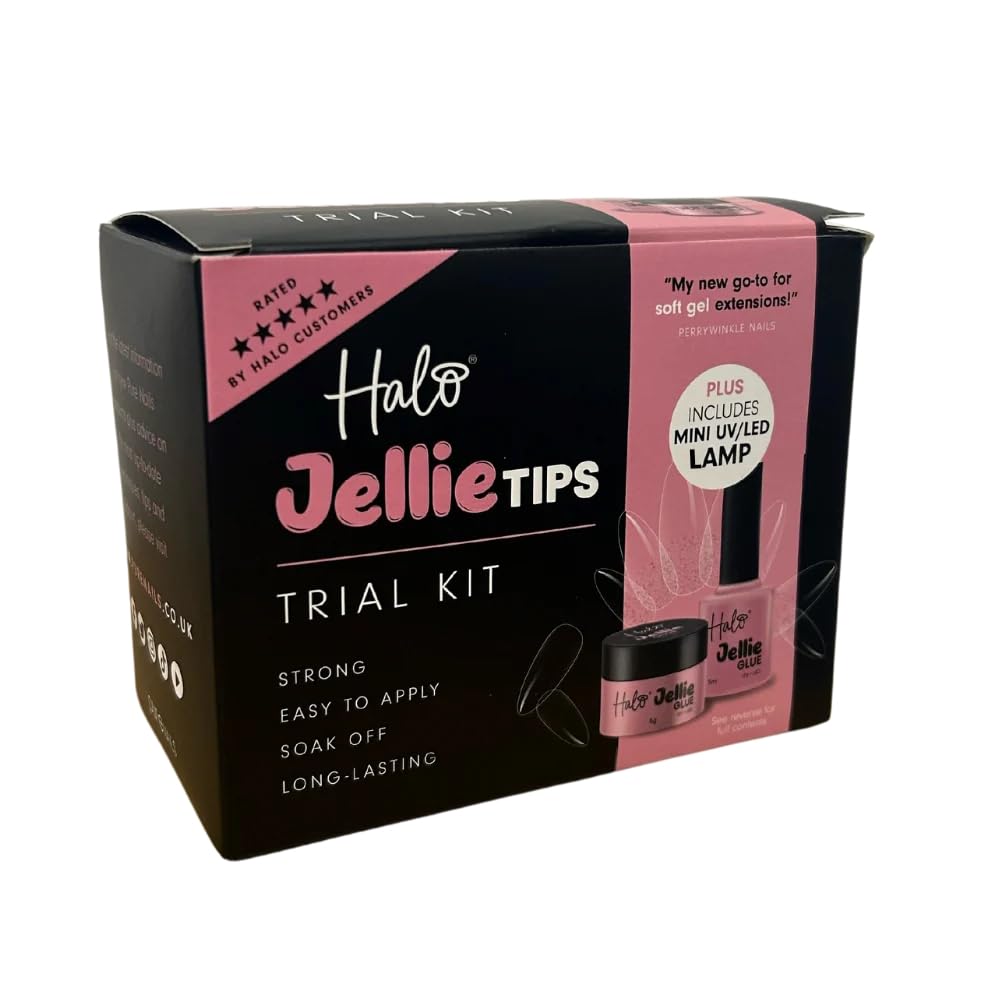 Halo Jellie Tips Trial Kit Soft Gel Extensions Almond Tips w/Glue, Mini UV/LED Lamp