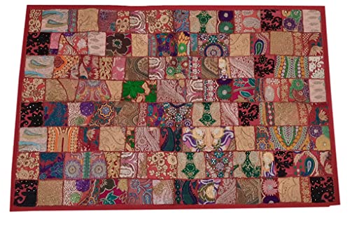 Image of Ekam Art Rajasthani Handmade Embroidery Cotton Patchwork Tapestry Cotton Wall Decor Hanging Beaded Tapestries 40 X 60 Inch (Red, Rectangular)