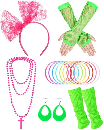Blulu 6 Pcs 80s Outfit Costume Accessories for Women Fancy Neon Lace Headband Earrings Fishnet Gloves Necklace Bracelet(Colorful)
