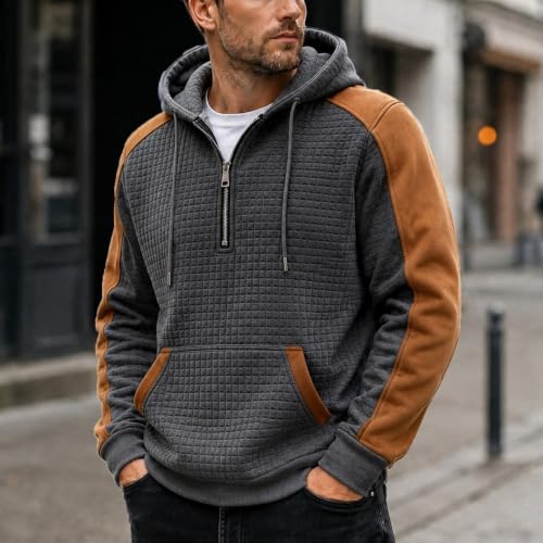 GOSEAGOTOFUN Quarter Zip Pullover Men Color Blocking Hooded Sweatshirt Casual Long Sleeve Hoodie Winter Fashion Warm Pullover Dark Gray Medium - image 3